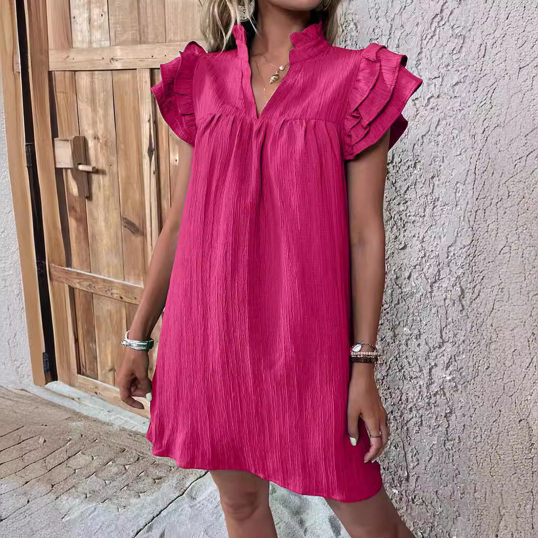 Robe à col en V multicouche à manches volantes pour femmes