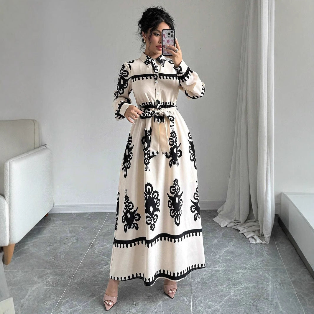 Robe élégante à imprimé avec laçage – Style européen et américain