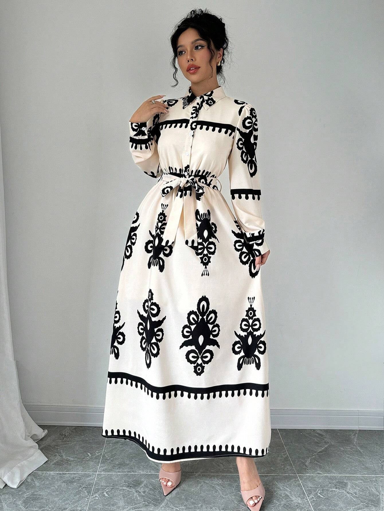 Robe élégante à imprimé avec laçage – Style européen et américain