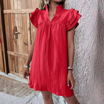 Robe à col en V multicouche à manches volantes pour femmes