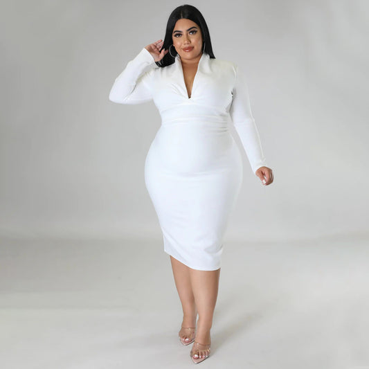 Robe décontractée à manches longues – Col en V zippé, couleur unie