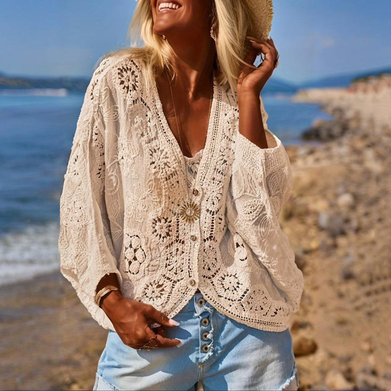 Cardigan en dentelle semi-transparent à col V