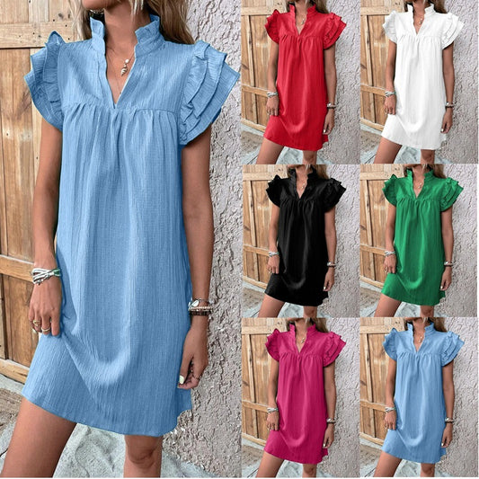 Robe à col en V multicouche à manches volantes pour femmes