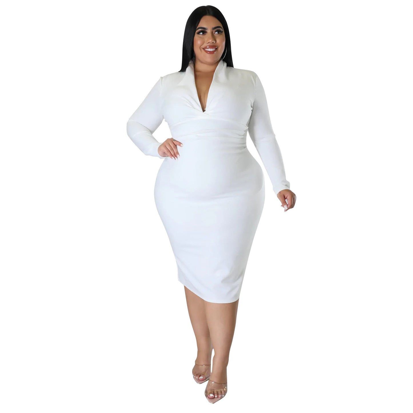 Robe décontractée à manches longues – Col en V zippé, couleur unie