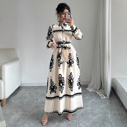 Robe élégante à imprimé avec laçage – Style européen et américain