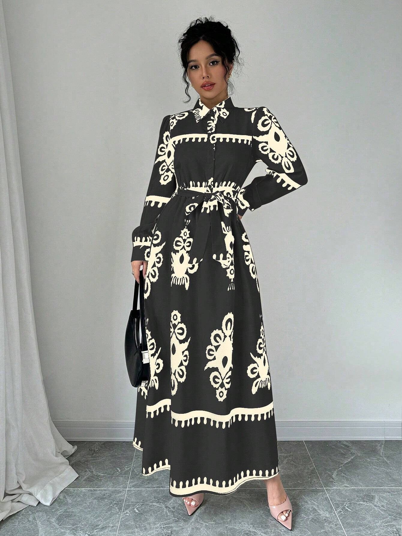 Robe élégante à imprimé avec laçage – Style européen et américain