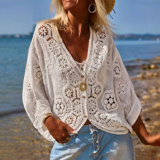Cardigan en dentelle semi-transparent à col V